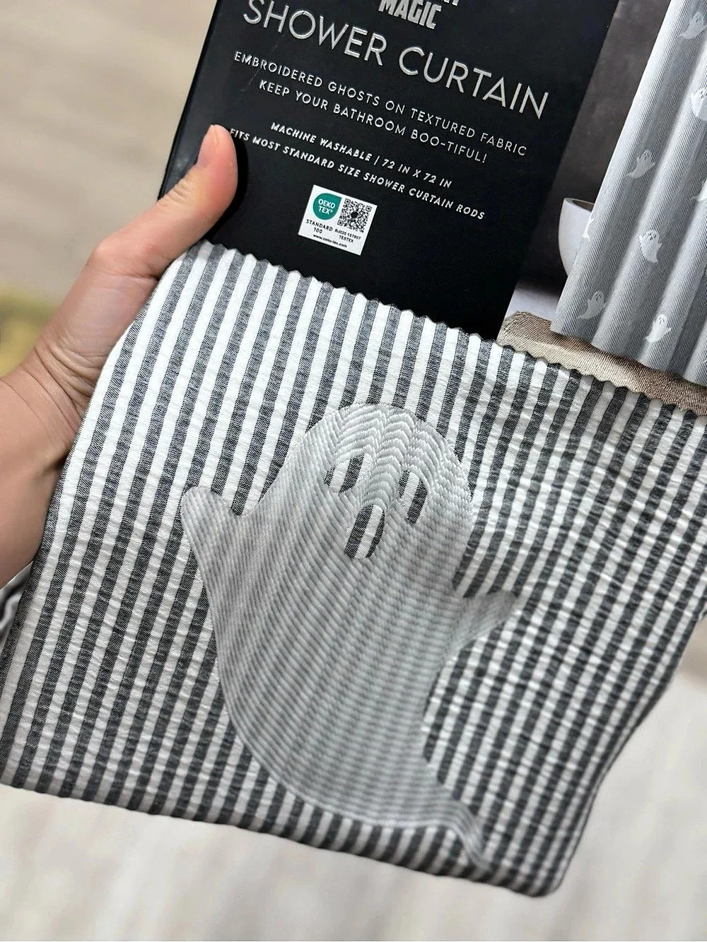 Striped Ghost Shower Curtain in Gray & White NWT